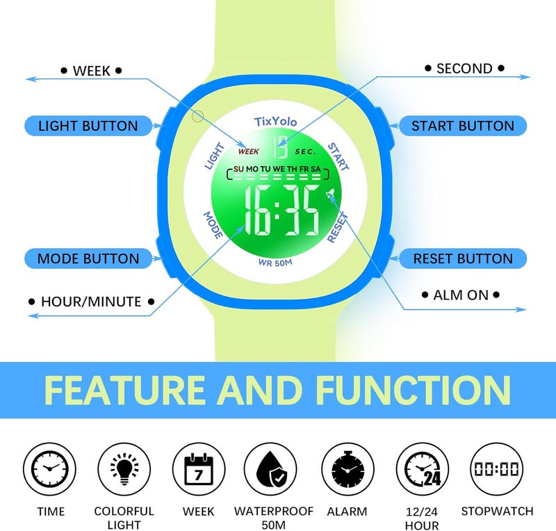 TixYolo Digital Kids Watch with 7 Color Lights 50M Waterproof,Alarm,Stopwatch,Soft Strap,Children Gifts Sports Watch for Boys Girls 5-12 Years - Image 3